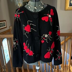 Michael Simon L XL heart Bugs Ant butterfly spider sweater cardigan valentines